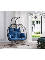 LHBcraft Double Wicker Swing Egg Chair Hammock Foldable Hanging Loveseat with Stand, UV Resistant Removable Cushions, 700LBS Capacity for Bedroom, Balcony (Black and Blue)
