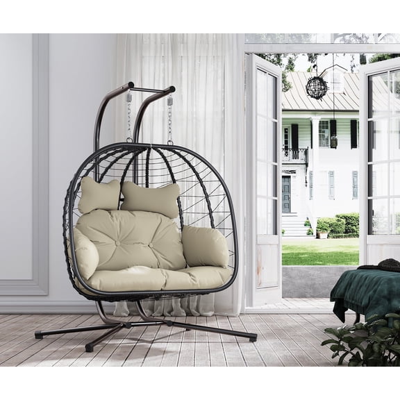 Bifanuo Double Wicker Swing Egg Chair Hammock Foldable Hanging Loveseat with Stand, UV Resistant Removable Cushions, 700LBS Capacity for Bedroom, Balcony (Black and Beige)