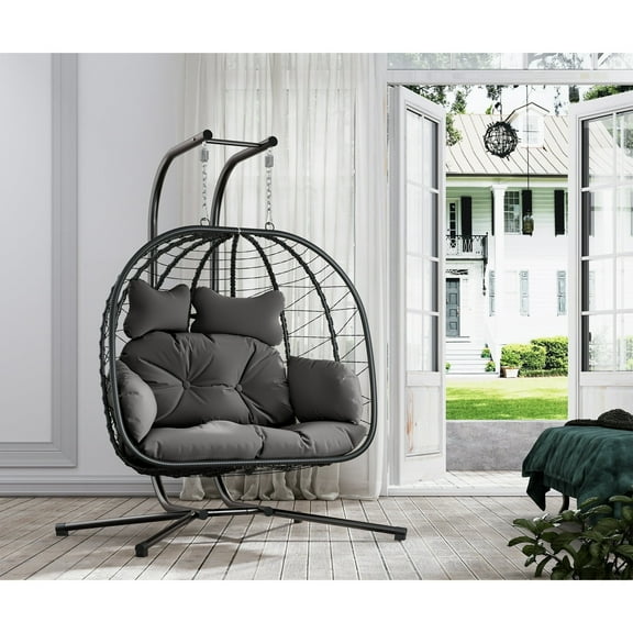 Bifanuo Double Wicker Swing Egg Chair Hammock Foldable Hanging Loveseat with Stand, UV Resistant Removable Cushions, 700LBS Capacity for Bedroom, Balcony (Black and Grey)