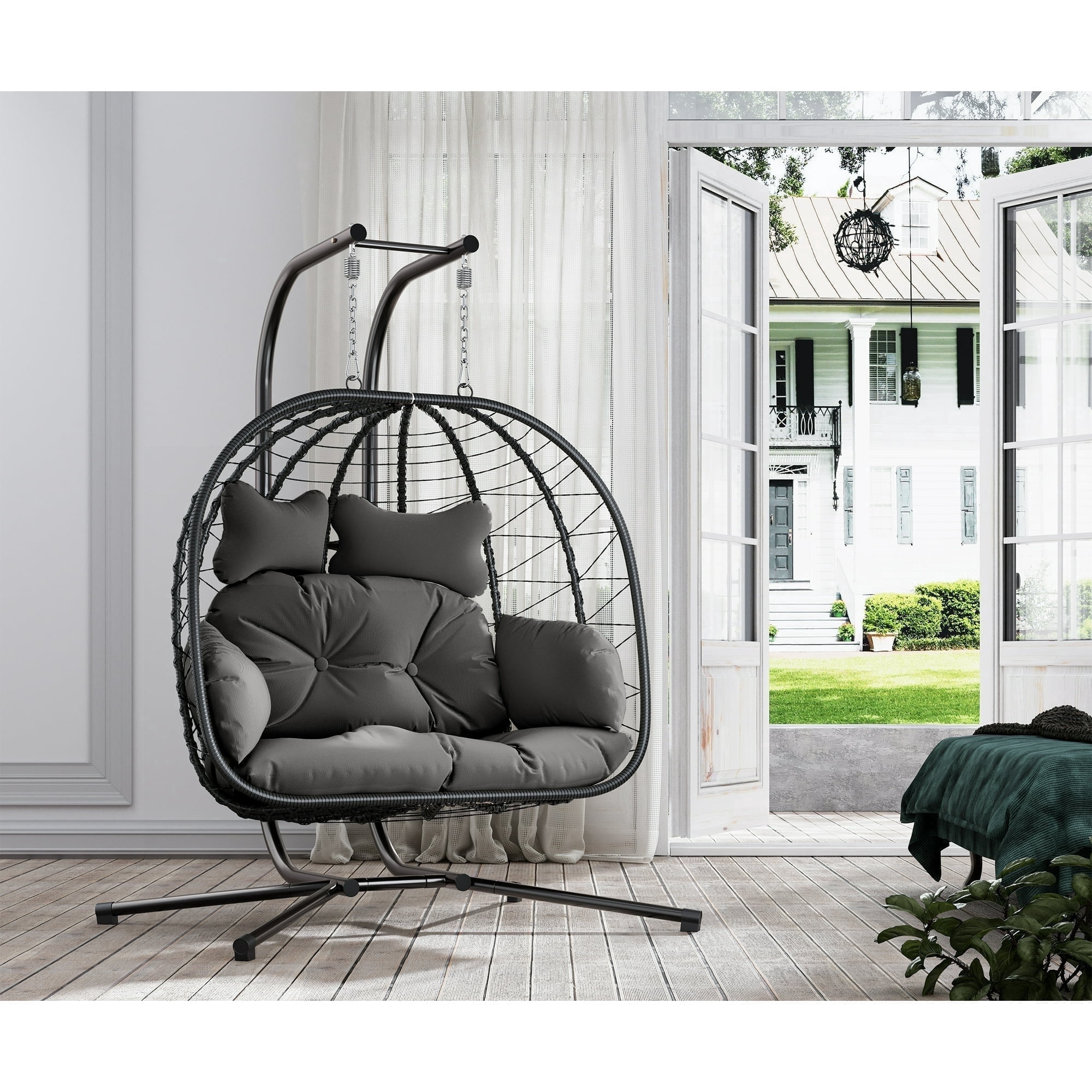 LHBcraft Double Wicker Swing Egg Chair Hammock Foldable Hanging Loveseat with Stand, UV Resistant Removable Cushions, 700LBS Capacity for Bedroom, Balcony (Black and Grey)