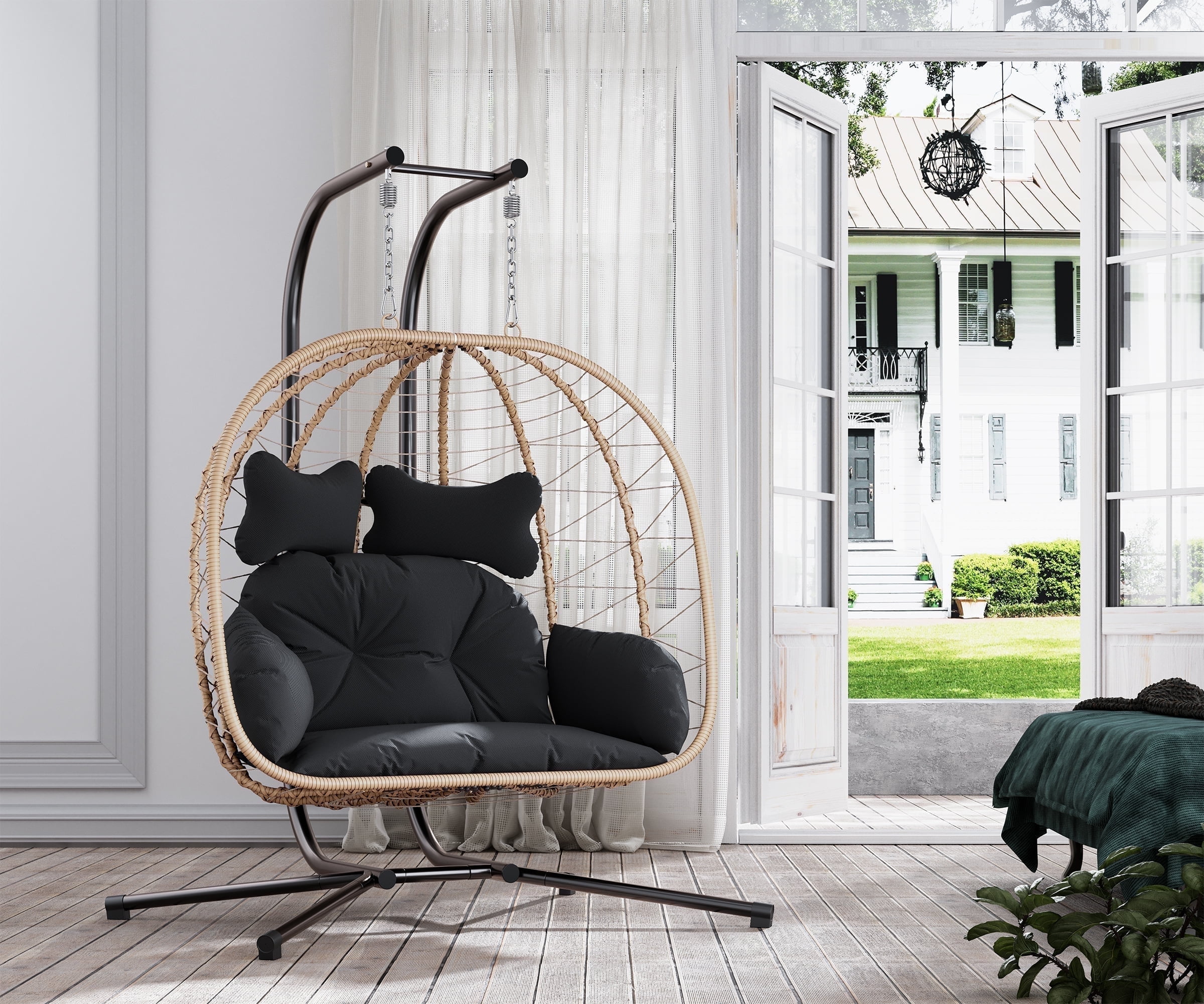 Bifanuo Rattan Patio Furniture Double Wicker Swing Egg Chair UV Resistant 700LBS Capacity Black Beige Walmart
