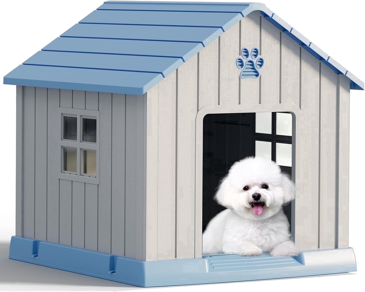 Bifanuo Durable Dog House, Indoor Outdoor Wateproof Doghouse, Pet Plastic Dog House for Small Medium Dogs,Grey and Blue ,31" L x 33.3" W x 33.5" H