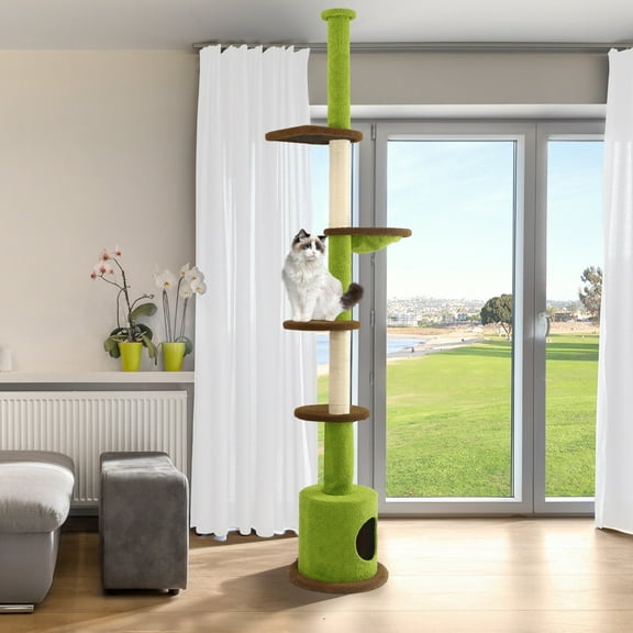 LHBCraft Floor to Ceiling Cat Tree, Cat Tower 5-Tier Height(88-107 Inches) Adjustable, Tall Cat Climbing Tower with Scratching Post, Cat Cave Condo, Cozy Hammock and Ball Toy for Indoor Cats