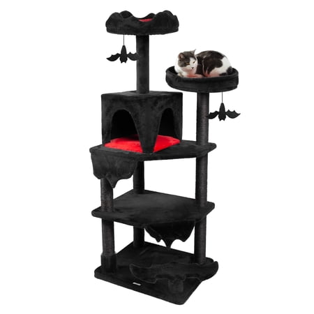 Bifanuo Gothic Cat Tree with Coffin Bed, 59” Black Cat Tower for Indoor Cats with with Sisal Scratching Posts, Bat-shaped Auxiliary Treads, Hammock, Halloween Cat Furniture for Large Cats