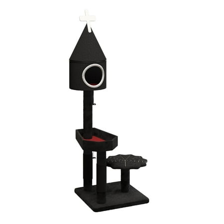 LHBCraft Gothic Cat Tree with Coffin Bed, 51" Black Cat Tower for Indoor Cats, Cat Condo with Cross, Scratching Post, Halloween Cat Tree Tower for Kitty, Black & Red