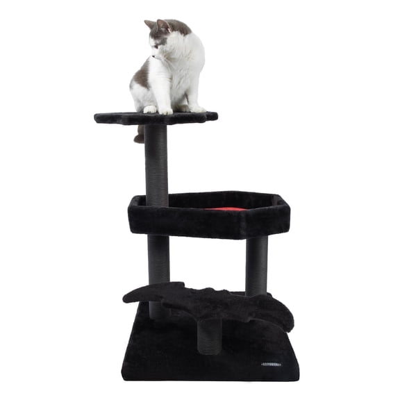 LHBCraft Gothic Cat Tree with Coffin Bed, 30.3" Black Cat Tower for Indoor Cats with Scratching Posts for Halloween Cat, Black and Red