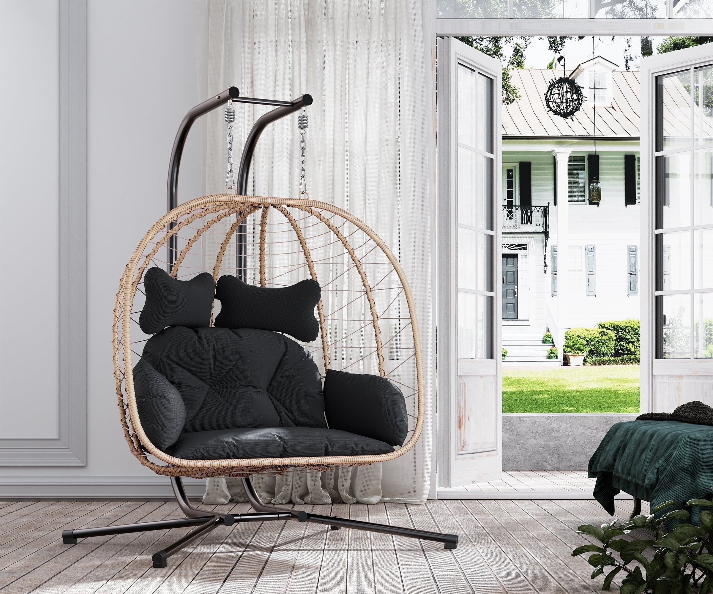 LHBcraft Double Wicker Swing Egg Chair Hammock Foldable Hanging Loveseat with Stand, UV Resistant Removable Cushions, 700LBS Capacity for Bedroom, Balcony (Yellow and Black)