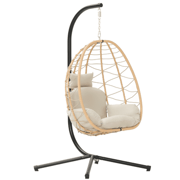 Bifanuo Indoor/Outdoor Wicker Swing Egg Chair Hammock Hanging Chair Nest Basket with Stand, UV Resistant Removable & Washable Cushions,350LB Capacity for Bedroom, Balcony, Garden (Yellow and Beige)
