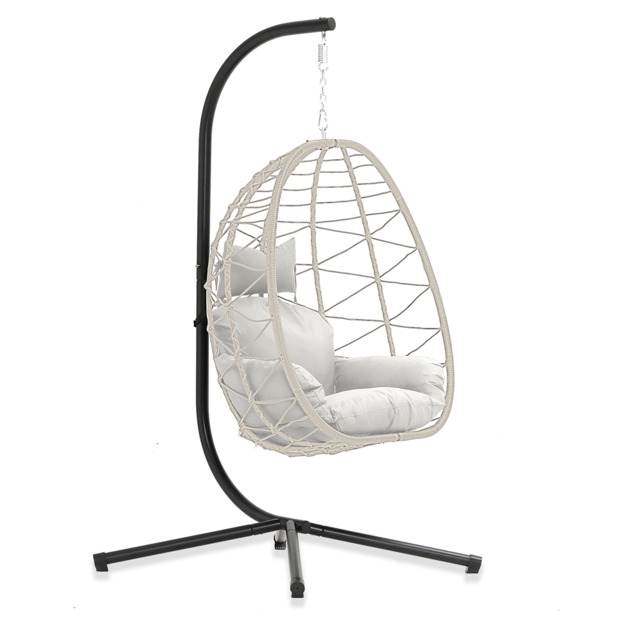LHBcraft Indoor/Outdoor Wicker Swing Egg Chair Hammock Hanging Chair Nest Basket with Stand, UV Resistant Removable & Washable Cushions,350LB Capacity for Bedroom, Balcony and Garden (BE-LG)