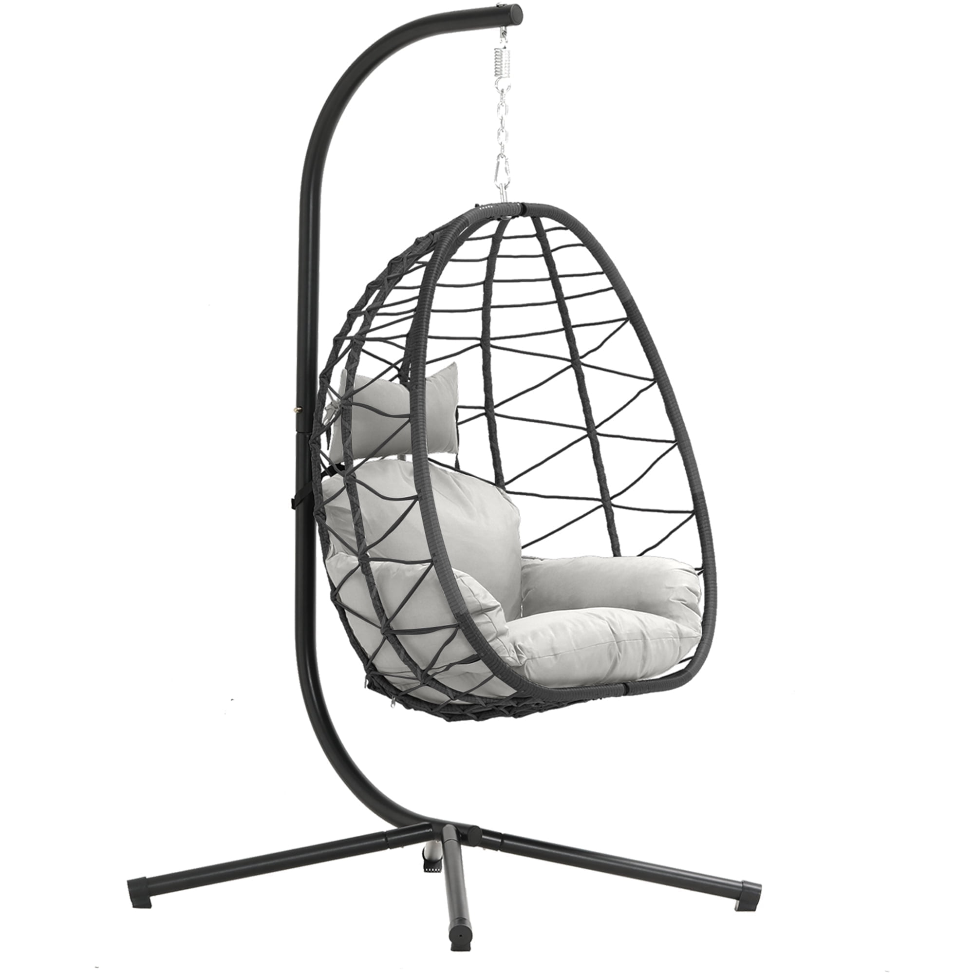 Bifanuo Indoor/Outdoor Wicker Swing Egg Chair Hammock Hanging Chair Nest Basket with Stand, UV Resistant Removable & Washable Cushions,350LB Capacity for Bedroom, Balcony, Garden and Poolside (GR-LG)