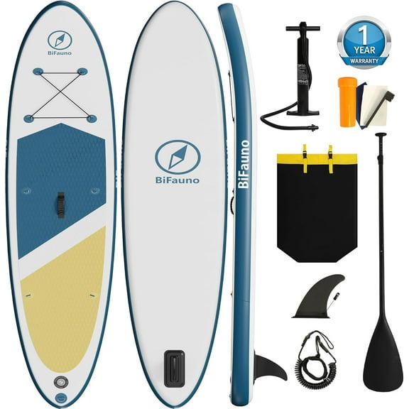 Bifanuo 10' Inflatable Stand Up Paddle Board with SUP Accessories & Backpack. Paddle Boards for Adults. Non-Slip Deck, Wide Stance, Bottom Fin, Double Action Pump.