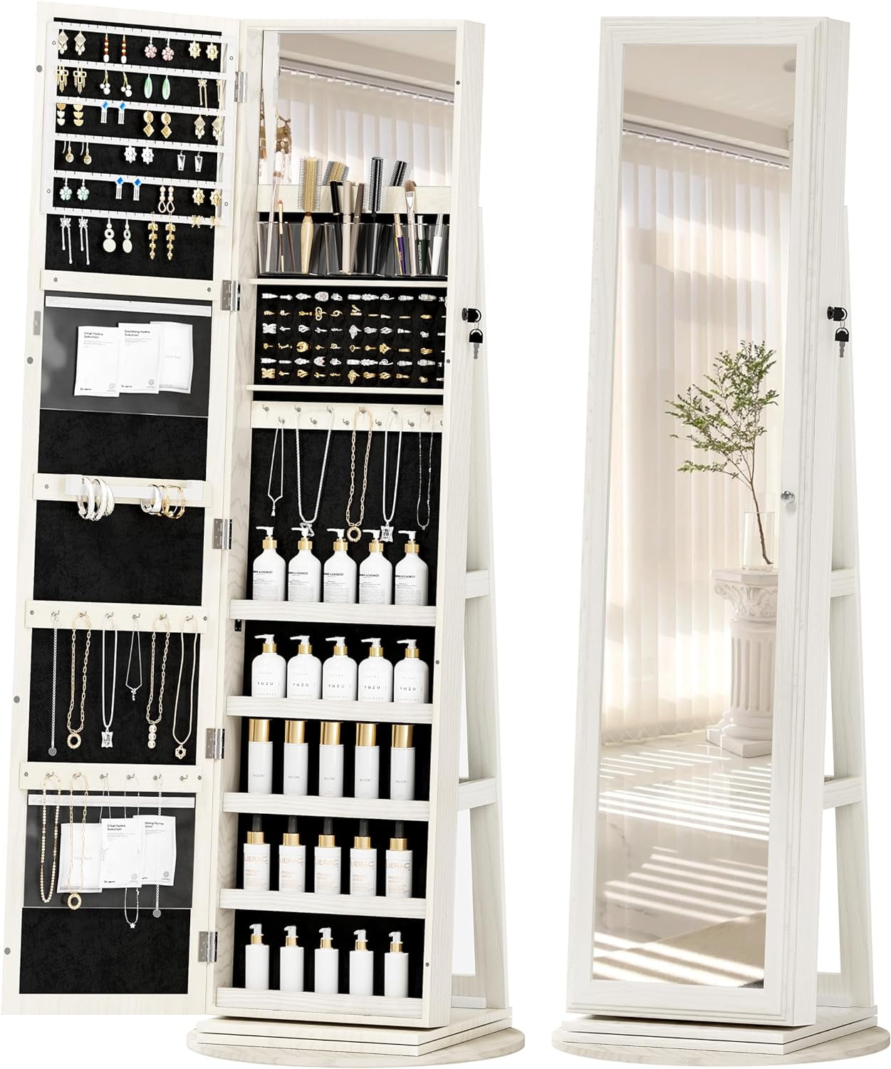 Bifanuo Jewelry Cabinet Standing with Full-Length Mirror, 360