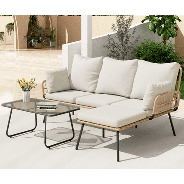 Bifanuo L-Shaped Outdoor Loveseat Sectional Set for Patio, Backyard, Porch with Thick Cushions, Detachable Lounger, Coffee Table
