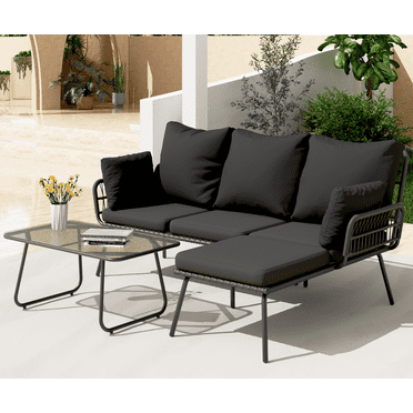 Bifanuo L-Shaped Outdoor Loveseat Sectional Set for Patio, Backyard, Porch with Thick Cushions, Detachable Lounger, Coffee Table