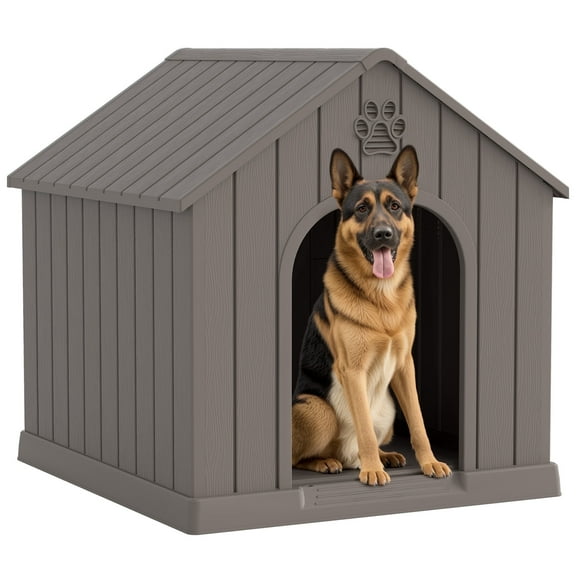 Bifanuo Large Dog House, PP Material Indoor Outdoor with Windows for Medium Large Dogs, Weatherproof Puppy Shelter with Elevated Floor & Air Vents, Easy Clean and Assemble (Grey, 36.2"L×38"W×38"H)