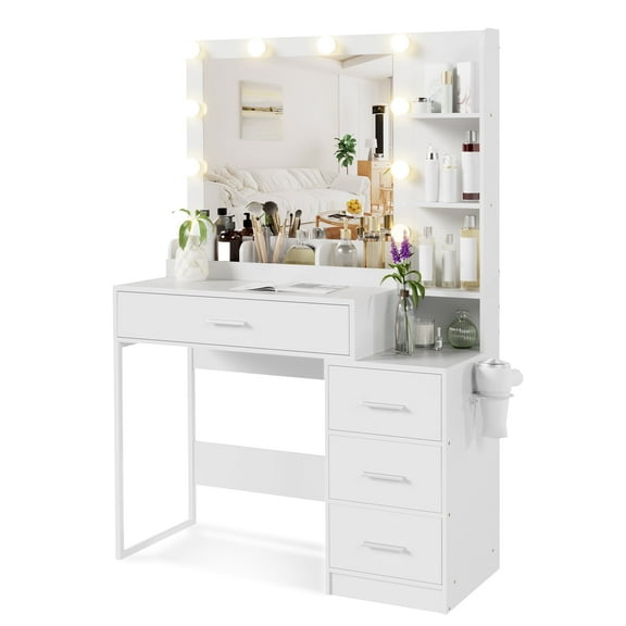 Bifanuo Makeup Vanity Desk with Mirror and Lights, Vanity Table Set, Makeup Vanity Desk with 4 Drawers and 3 Storage Shelves, 3 Lighting Colors, White