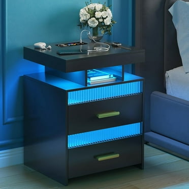 Bifanuo Nightstand with Charging Station, Modern End Table with 2 Drawers, Bedside Table with Human Sensor 24 Colors LED Lights for Bedroom (Black)