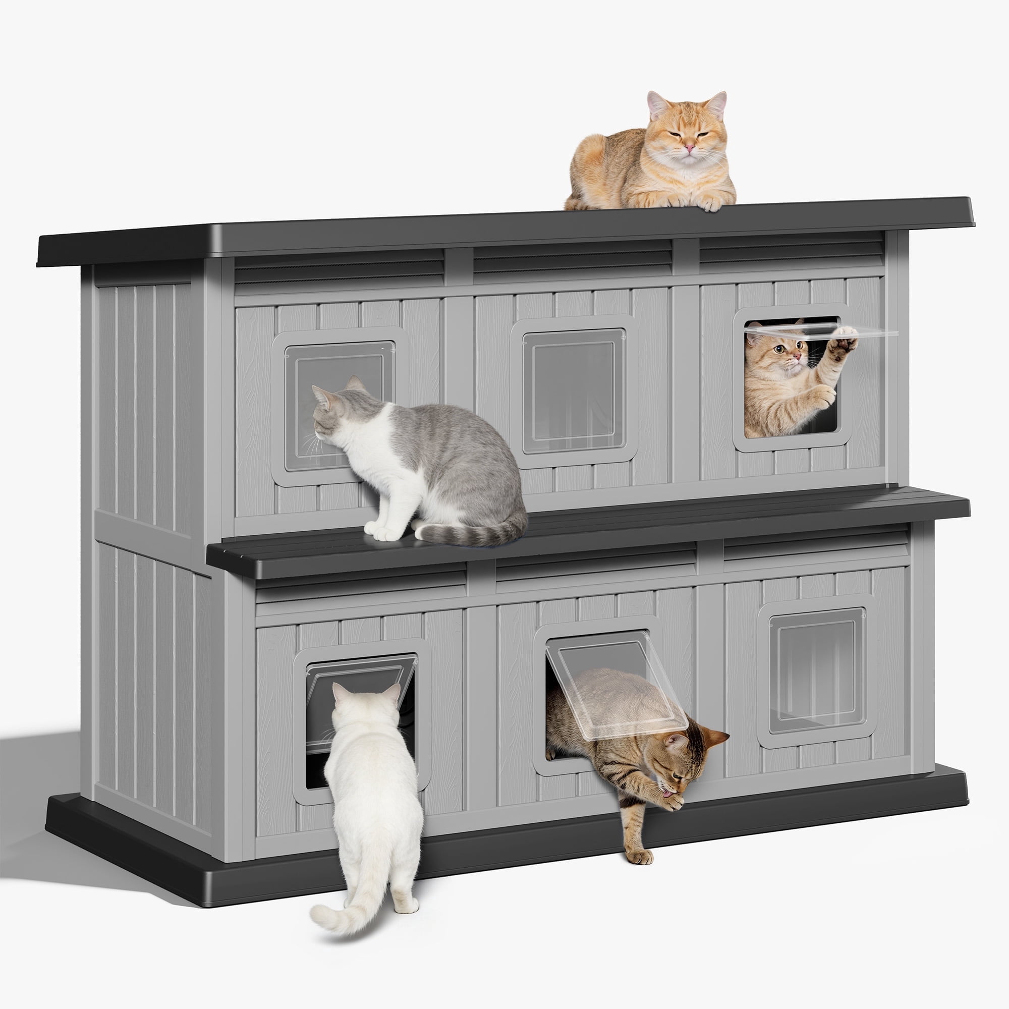 Bifanuo Outdoor Cat House,Double-Decker Resin Cat House,Weatherproof UV Protection Cat Shelter for Feral Cats,Assemble Easily for Home & Yard,Black&Gray