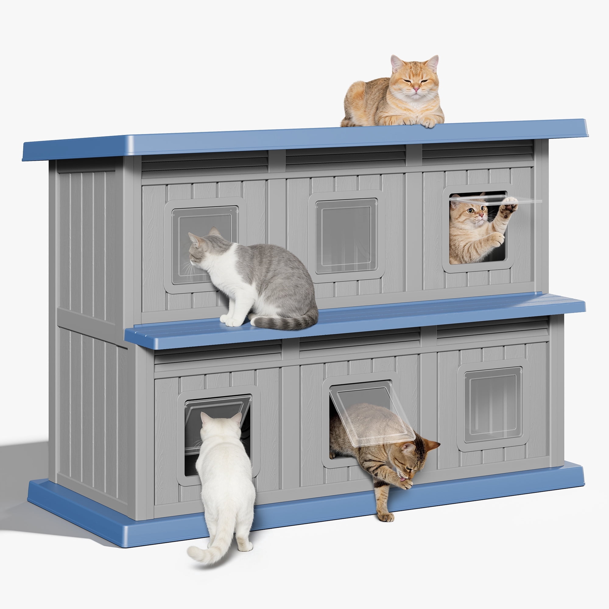 Bifanuo Outdoor Cat House,Double-Decker Resin Cat House,Weatherproof UV Protection Cat Shelter for Feral Cats,Assemble Easily for Home & Yard,Blue&Gray