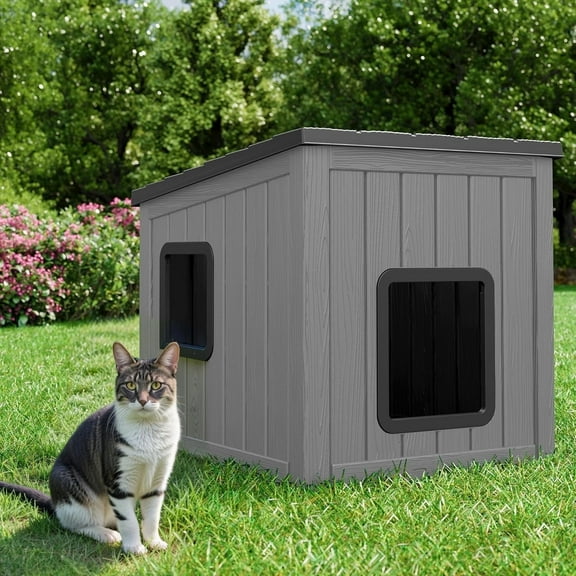 Bifanuo Outdoor Cat House, Outside Multiple Kitty Feral Cat Houses, Weatherproof Shelter for Ferrel Cats and Dogs, Durable PP Material, Insulated Shelter for Garden, Patio, or Backyard (Gray & Black)
