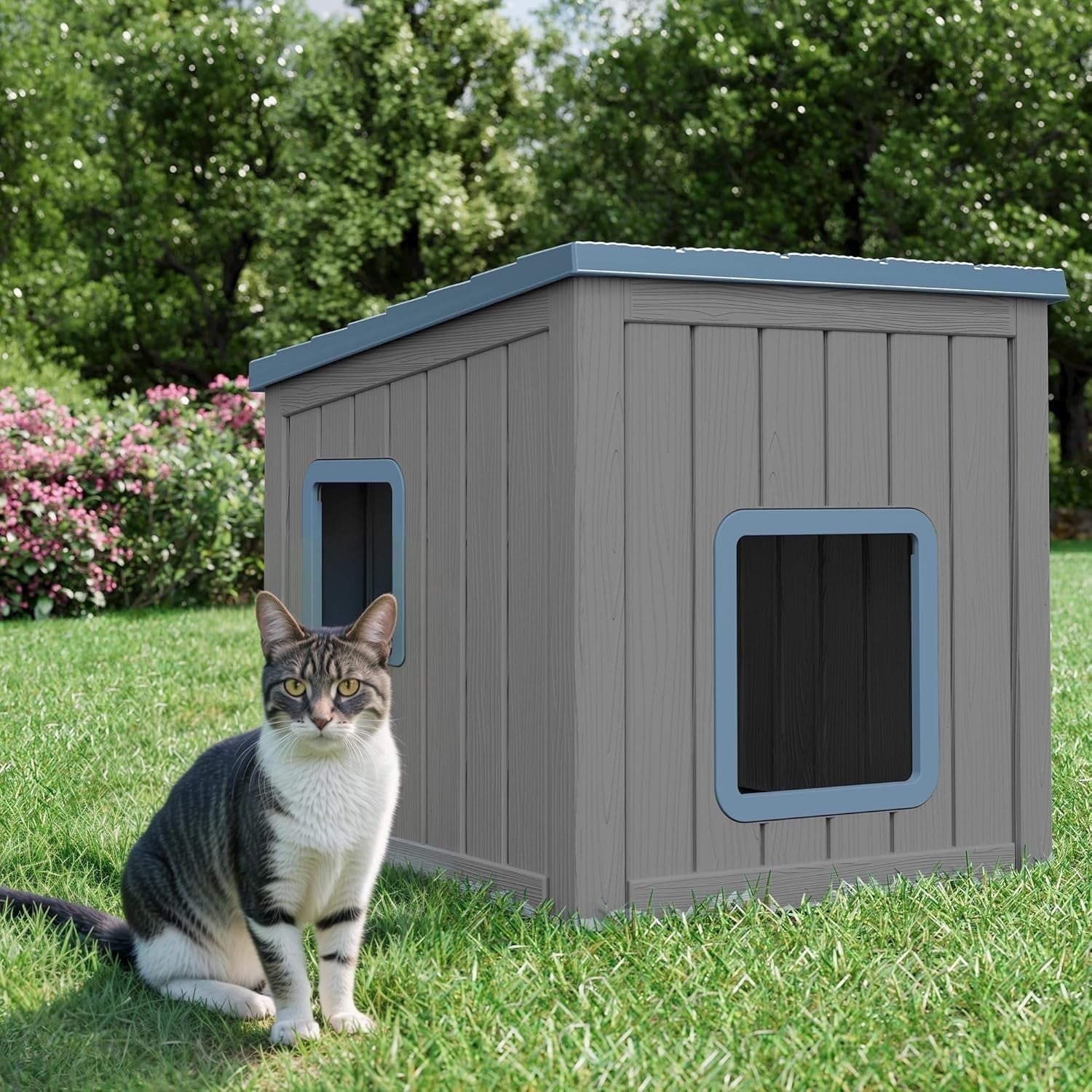 Walmart Black Friday Deals 2025 - Bifanuo Outdoor Cat House, Weatherproof Shelter for Feral Cats & Kittens, Durable Insulated PP Shelter for Garden & Patio (Gray & Blue)