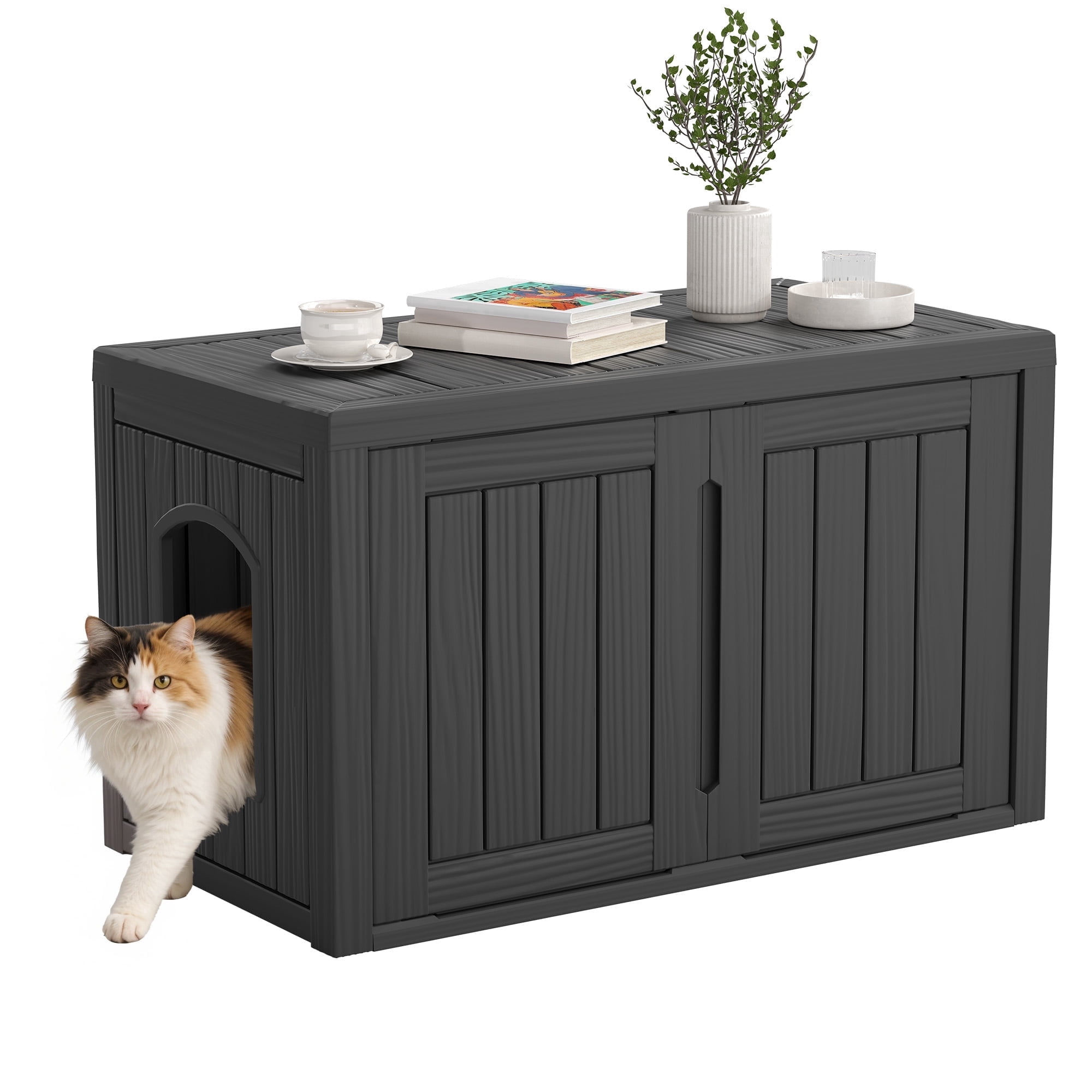 Bifanuo Outdoor Cat House, Waterproof Resin Cat House, Multi-Functional Cat Shelter, Assemble Easily for Home & Yard, Black
