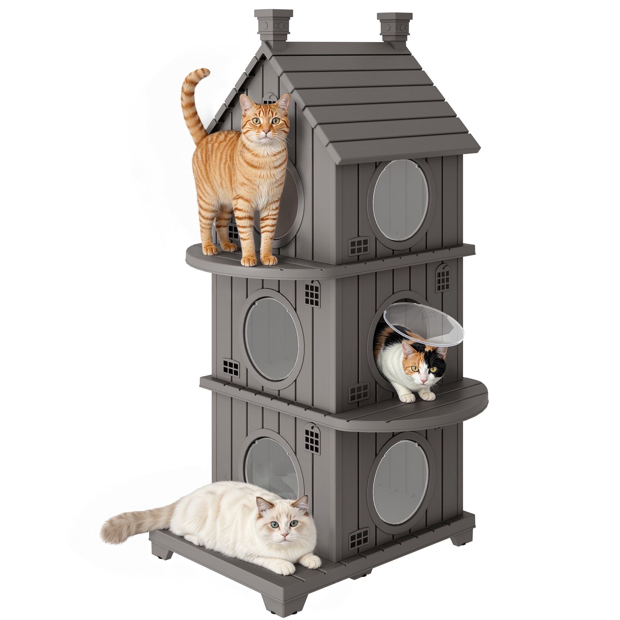 Bifanuo Outdoor Cat House,Weatherproof Resin Cat House,Multi-Layer,Villa-Style Outdoor Cat Shelter,Assemble Easily for Home & Yard,Gray