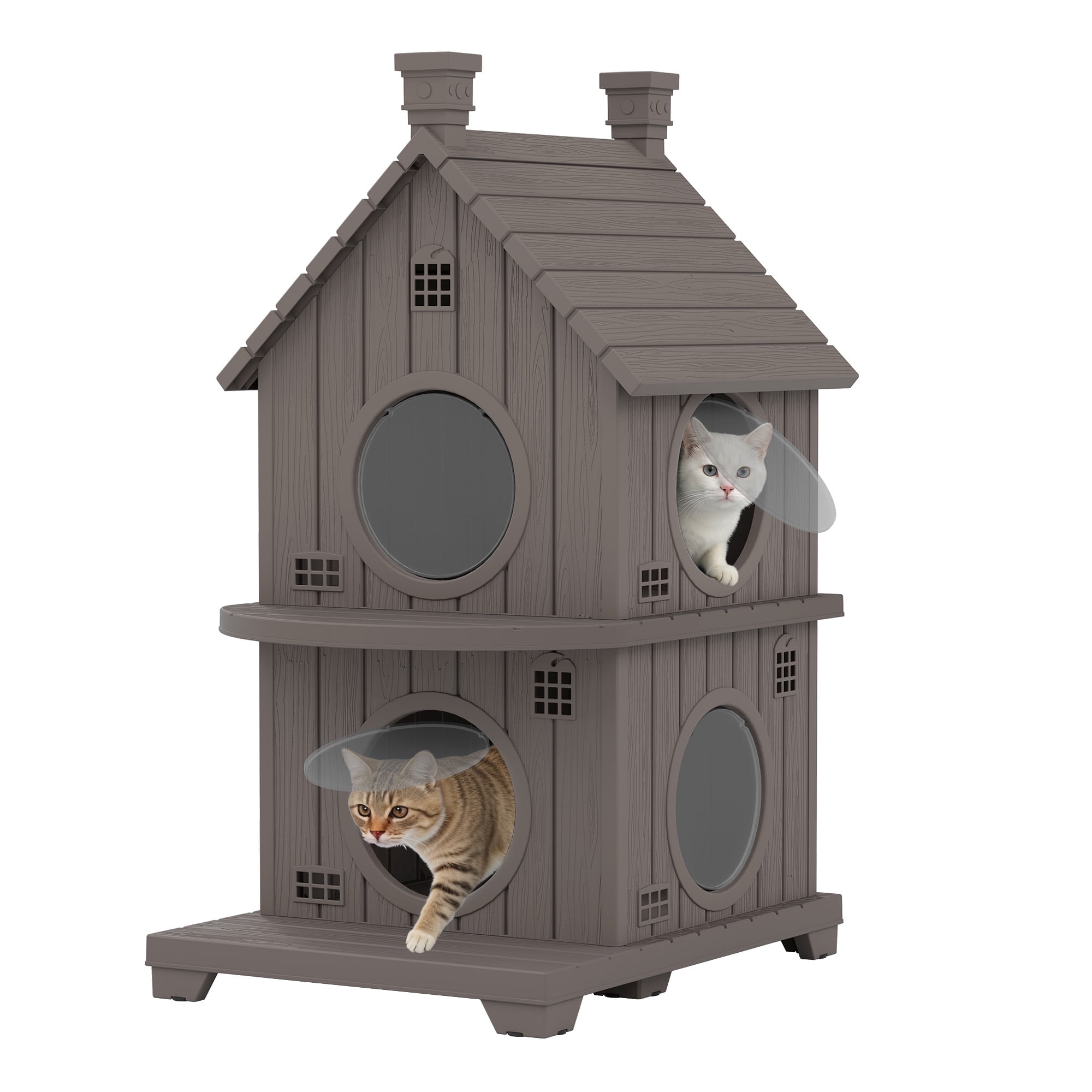 Bifanuo Outdoor Cat House,Weatherproof Resin Cat House,Multi-Layer,Villa-Style Outdoor Cat Shelter,Assemble Easily for Home & Yard,Gray