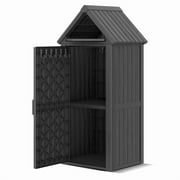 Bifanuo Outdoor Storage Shed with Door & Shelf - Large Weatherproof Garden Tool Cabinet with Hooks for Backyard, Patio & Lawn (Black)
