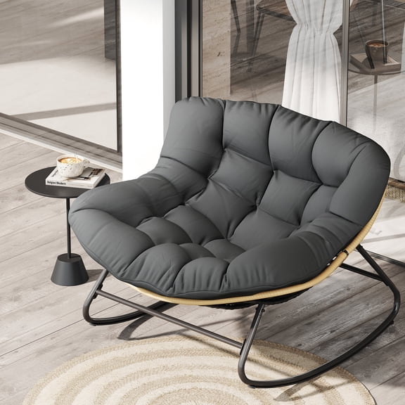 Bifanuo Oversized Rocking Chair – 450lbs Capacity, All-Weather Wicker Lounge Chair with Cushion for Indoor/Outdoor Use(YE-GR)