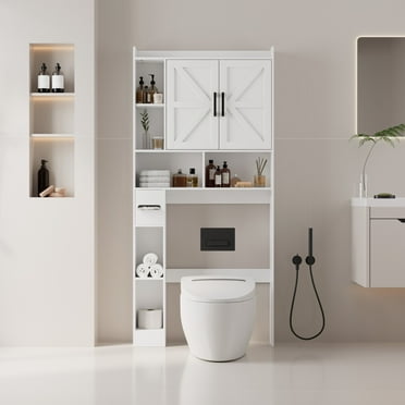 Bifanuo Over The Toilet Storage Cabinet, Over Toilet Shelf Farmhouse Storage Cabinet with Barn Door & Toilet Paper Holder Stand, Space-Saving Toilet Rack, Bathroom, Restroom, White