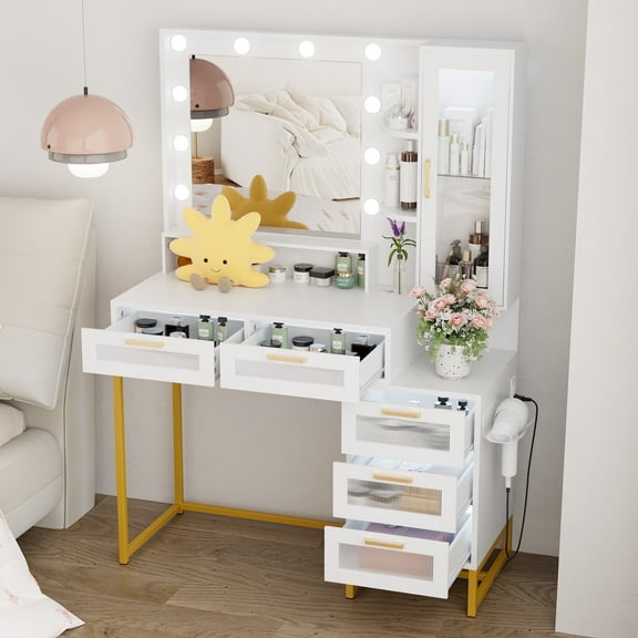 Bifanuo Vanity Desk with Large Mirror and Lights, Makeup Vanity with Charging Station, 5 Large Drawers & 1 Storage, 3 Lighting Color Adjustable, Dressing Table Set for Bedroom (046 White)