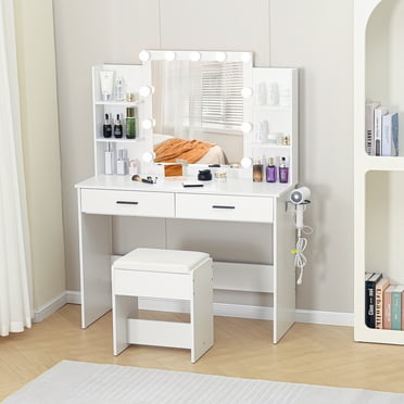 Bifanuo Vanity Desk Set with 11 Bulbs Mirror & Power Outlet, Modern Vanity Table with Stool, Drawers, 42.5in, White