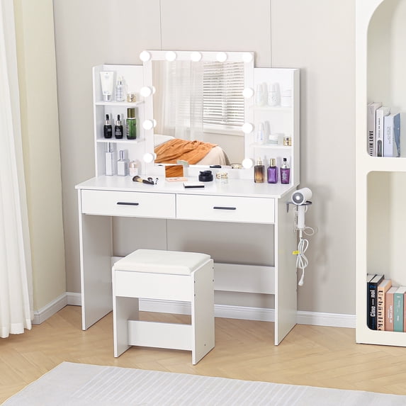 Bifanuo Vanity Desk Set with 11 Bulbs Mirror & Power Outlet, Modern Vanity Table with Stool, Drawers, 42.5in, White