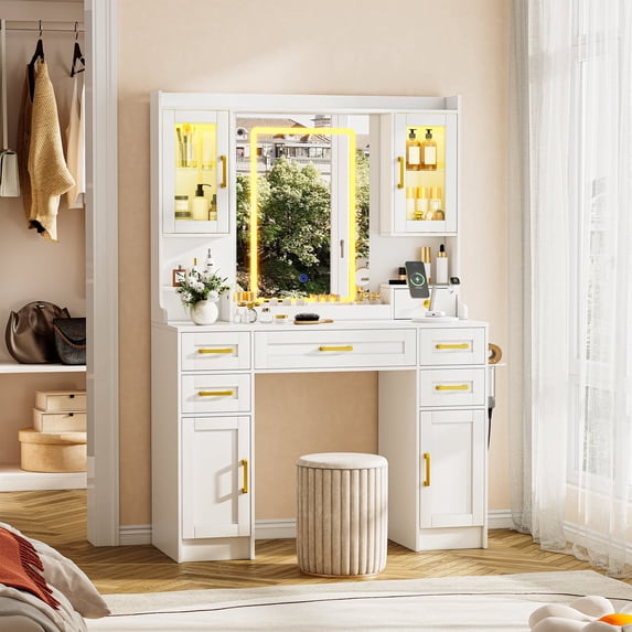 White Vanity Desk with Mirror, LED Lights, and Power Outlet – Spacious Makeup Table Featuring 6 Drawers and 4 Storage Cabinets for Bedroom