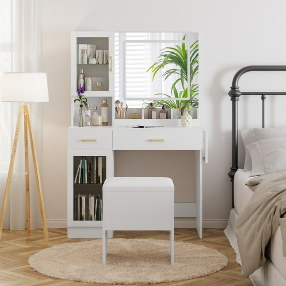 Bifanuo Vanity with Mirror and Lights, Makeup Vanity Table with Charging Station, Makeup Table Set with RGB Cabinets and 3 LED Light Modes White