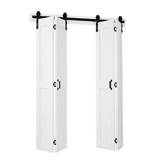 Bifold Barn Door, 60" x 84", MDF Bi-Fold Sliding Closet Doors, Hardware Kit Included, H-Frame Space-Saving Design, Pre-Assembled Panels for Bedroom, Living Room, Wardrobe and Room Divider, White