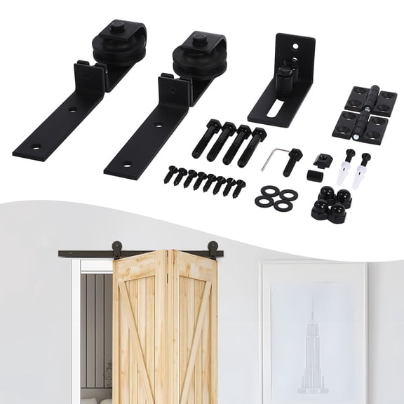 Bifold Barn Door Hardware, Double Folding Sliding Door Roller Track Set, Space Saving, Murphy Door Conversion Kit for Small Rooms, Closets, Offices, Black