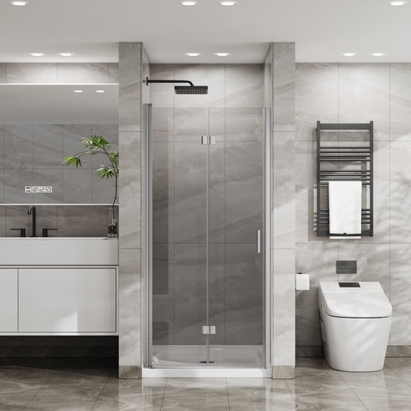 Bifold Frameless Glass Shower Door 36x72, 1/4 inch Tempered Clear Glass Pivot Swing Panel, Adjustable Width 36-37.2 inch Chrome Finish for Small Bathroom Tub Conversion