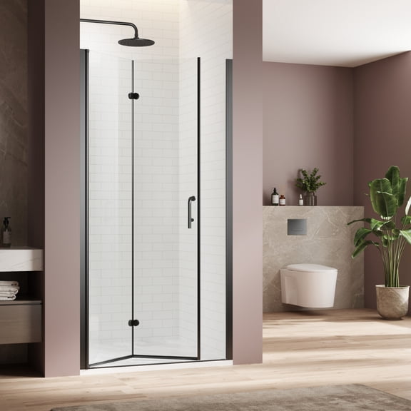Bifold Frameless Shower Door 34 x 72 Inches Adjustable Width Space Saving Design with 1/4 Inch Clear Tempered Glass and Matte Black Hardware for Small Bathrooms