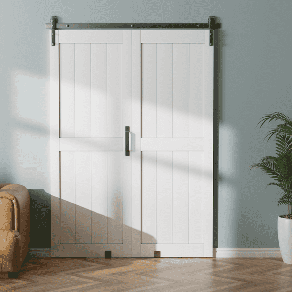 40" x 84" Bifold Primed H-Frame White Sliding Barn Door With Installation Hardware Kit