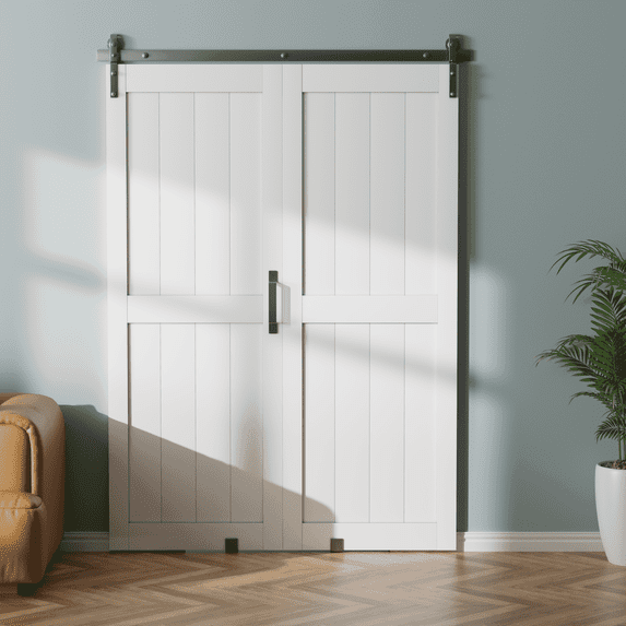 36" x 84" Bifold Primed H-Frame White Sliding Barn Door With Installation Hardware Kit