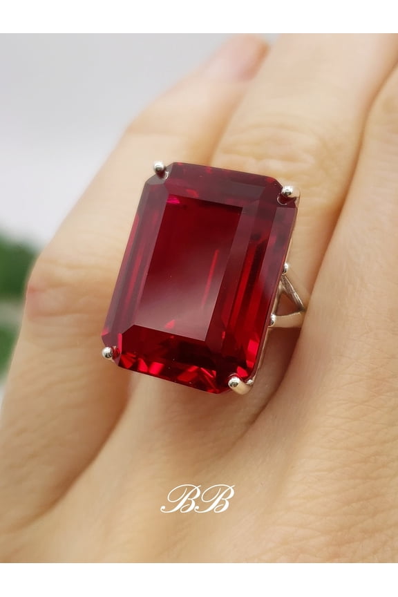 Big 20x15mm Lab Red Ruby, Emerald Step Cut, Statement Solitaire Ring, Made to Order, Sterling Silver or Gold