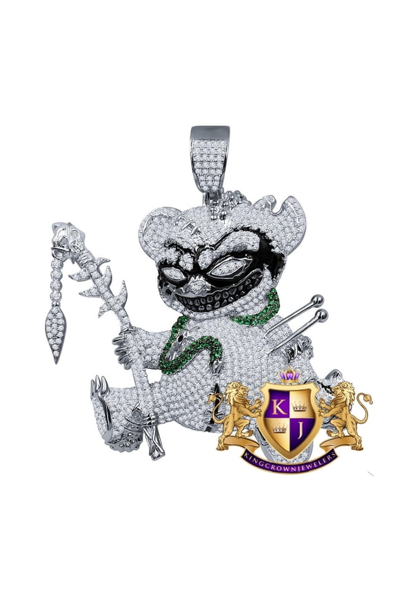 Big 3'' 14k White Gold On Real Sterling Silver Simulated Diamond Voodoo Teddy Bear Black Magic Exclusive Custom Charm Pendent