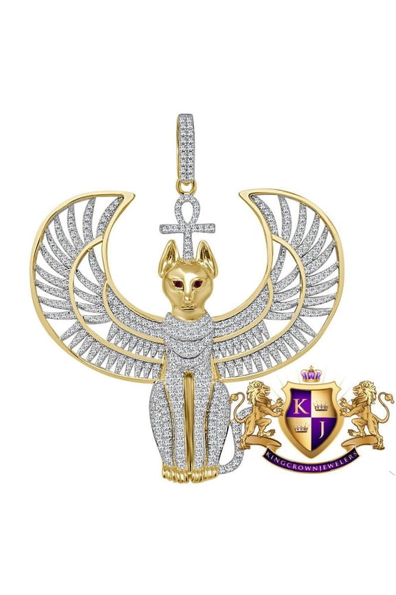 Big 3'' Real Yellow Gold Sterling Silver Anubis Egyptian God Ankh Cross Pharaoh Custom Charm Diamond Pendent