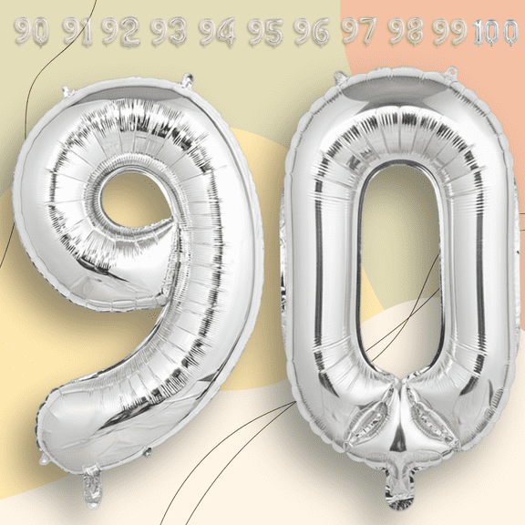 Silver Number 90 Mylar Foil Balloon 40" - Helium or Air Inflatable Metallic Balloons for 90th Happy Birthday Party, Anniversary, Graduation Decor