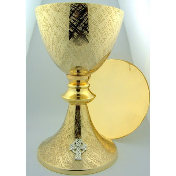 Big 8 1/4" Church Chapel Gold Gilded Priest Celtic Chalice & Paten Pastor Gift