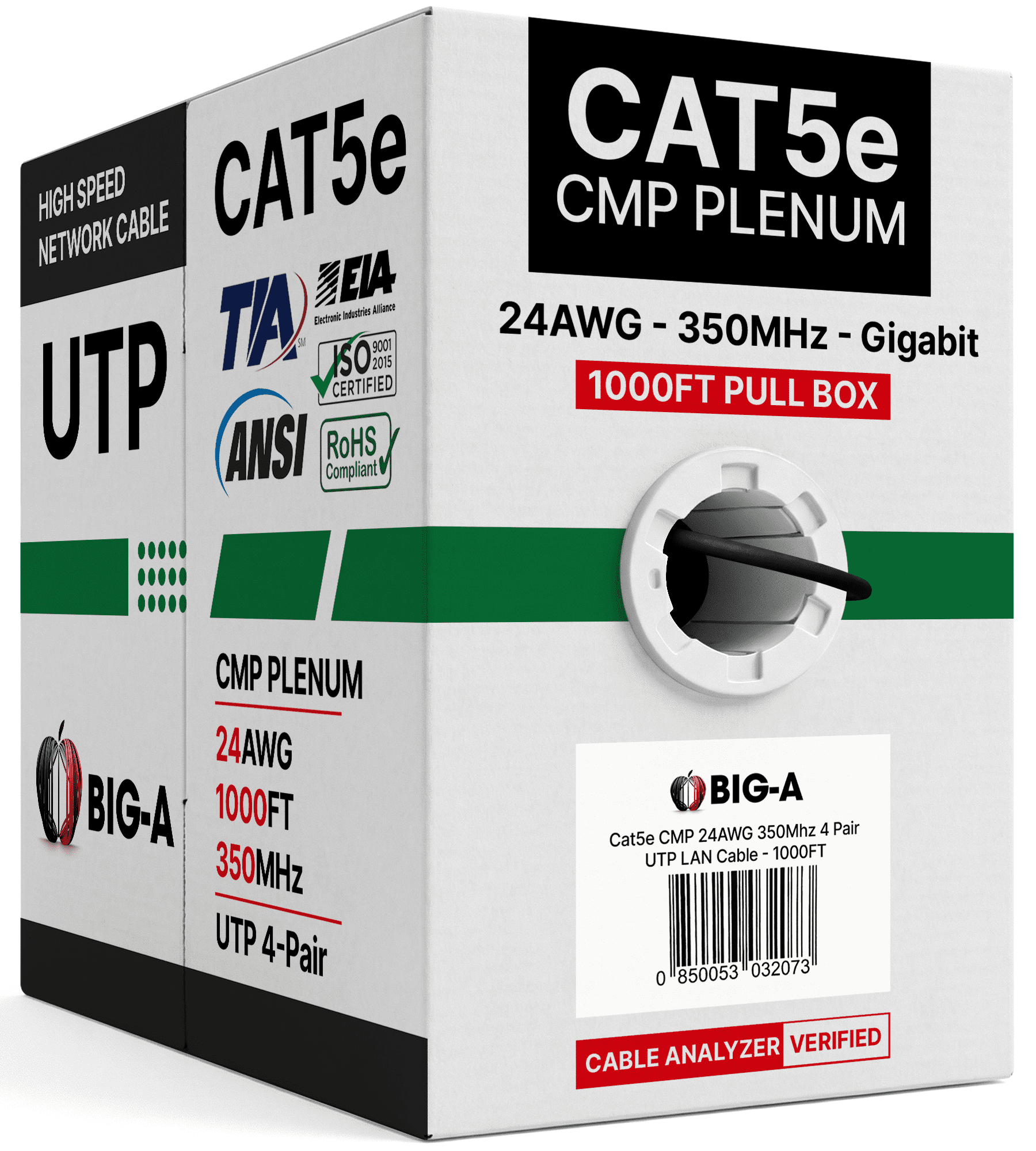 Big-A - 1000ft Cat5e Plenum Ethernet Cable, Black, 350MHz, 24AWG UTP, CMP Rated, Solid Network LAN Cord, Compatible with Printer, Gaming Consoles, Router, VoIP Phones, POE IP Cameras