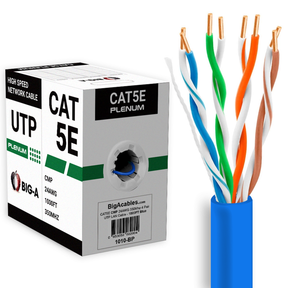 Big-A - 1000ft Cat5e Plenum Ethernet Cable, Blue, 350MHz, 24AWG UTP, CMP Rated, Solid Network LAN Cord, Compatible with Printer, Gaming Consoles, Router, VoIP Phones, POE IP Cameras