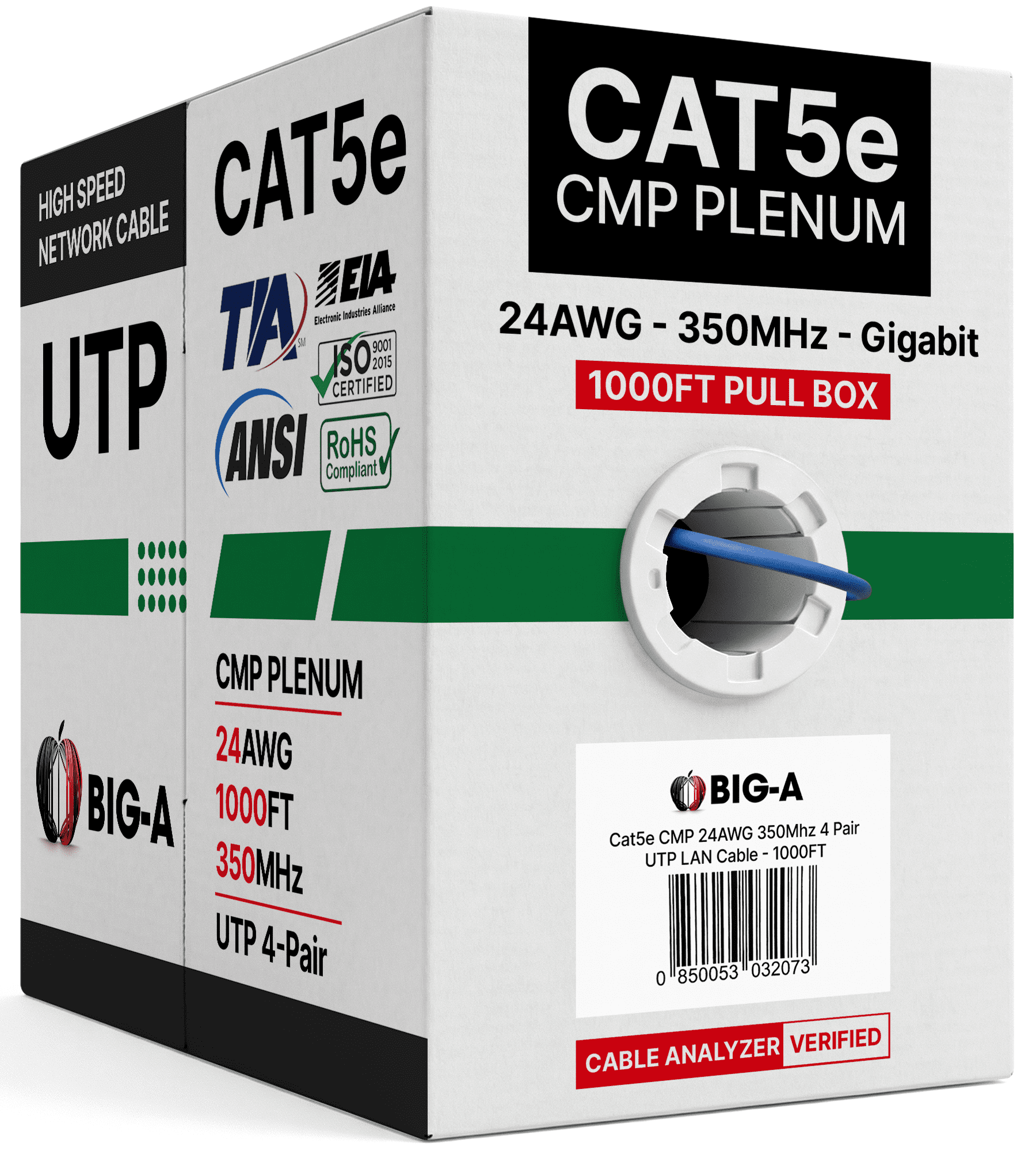 Big-A - 1000ft Cat5e Plenum Ethernet Cable, Blue, 350MHz, 24AWG UTP, CMP Rated, Solid Network LAN Cord, Compatible with Printer, Gaming Consoles, Router, VoIP Phones, POE IP Cameras